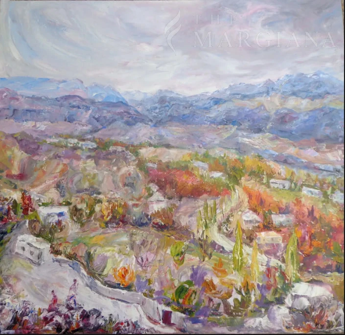 Dayna Village Beneath the Mountains, by Amangeldi Hydyrov, Oil on canvas, 2013